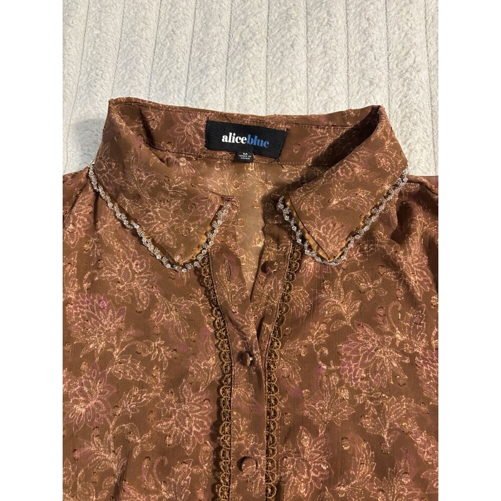 Alice Blue Romantic Beaded Collar Button Up Top Womens Medium Brown Sheer Floral